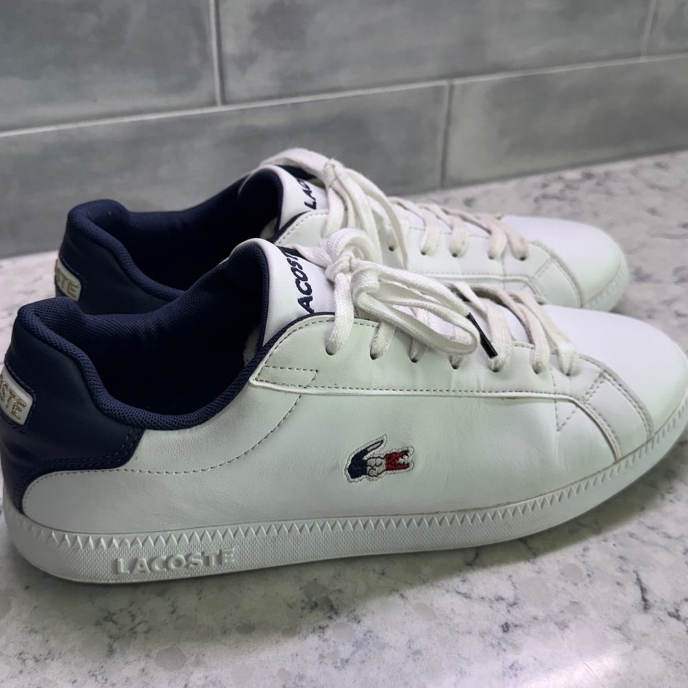Lacoste Men’s White/Navy/Red Genuine Leather Sneakers Gold Logo Size 10 Sale🔥